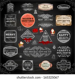 Christmas decoration collection | Set of calligraphic and typographic elements, frames, vintage labels. Ribbons, stickers, birds, tree branches, balls. Chalkboard design. Chalk texture.