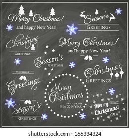 Christmas decoration collection | Set of calligraphic and typographic elements, frames, vintage labels. Ribbons, stickers, Santa and snowman, birds on a fur-tree branches with balls - all for design.