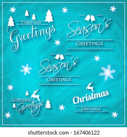 Christmas decoration collection | Set of calligraphic and typographic elements, frames, vintage labels. Ribbons, stickers, Santa and snowman, birds on a fur-tree branches with balls - all for design.