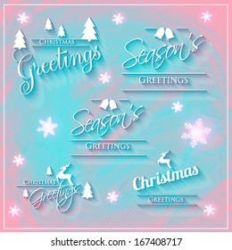 Christmas decoration collection | Set of calligraphic and typographic elements, frames, vintage labels. Ribbons, stickers, Santa and snowman, birds on a fur-tree branches with balls - all for design.