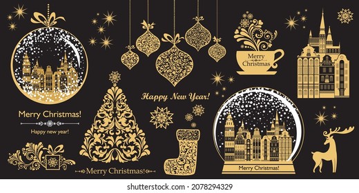 Christmas decoration collection. Set of calligraphic and typographic elements, frames, vintage labels, ribbons, balls, Christmas socks and Merry christmas glass ball. Vector illustration 