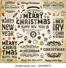 Christmas decoration collection | Set of calligraphic and typographic elements, frames, vintage labels. Ribbons, stickers, Santa and snowman, birds on a fur-tree branches with balls - all for design. 