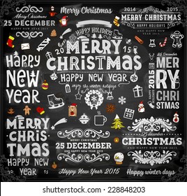 Christmas decoration collection | Set of calligraphic and typographic elements, frames, vintage label, ribbon, sticker, Santa and snowman, bird, deer antlers, balls. Chalkboard design. Chalk texture.