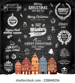 Christmas decoration collection | Set of calligraphic and typographic elements, frames, vintage label, ribbon, sticker, Santa and snowman, bird, deer antlers, balls. Chalkboard design. Chalk texture.