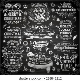 Christmas decoration collection | Set of calligraphic and typographic elements, frames, vintage label, ribbon, sticker, Santa and snowman, bird, deer antlers, balls. Chalkboard design. Chalk texture.