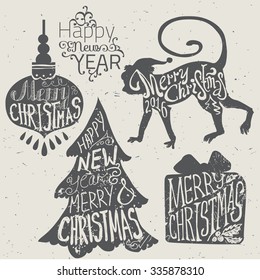 Christmas decoration collection. Set of calligraphic and typographic elements, frames, vintage labels. Ribbons, flower, balls, borders, retro ornaments and patterns. Vector.