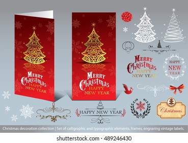 Christmas decoration collection - Set of calligraphic and typographic elements, frames, engraving vintage labels and Greeting cards. 