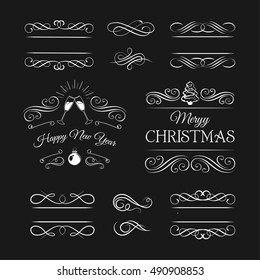 Christmas decoration collection | Set of calligraphic and typographic elements, frames, vintage labels, ribbons, borders, holly berries, fir-tree branches and balls. All for holiday invitation design.