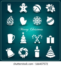 Christmas decoration collection | Set of decorative elements: Christmas tree, bells, mistletoe, mittens, snowflake, candle, garland, gingerbread. Vector. 