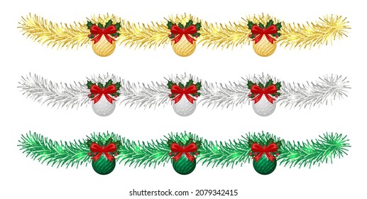 Christmas decoration color tinsel set and balls with red bow, holly flower. Gold, silver, green. Happy New Year.