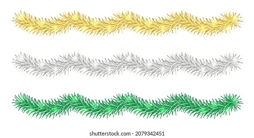 Christmas decoration color tinsel set. Gold, silver, green. Happy New Year.