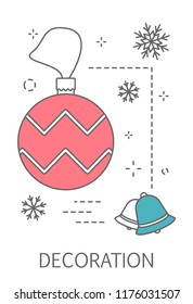 Christmas decoration concept. Line poster or greeting card with christmass ball and bell. Isolated abstract vector illustration