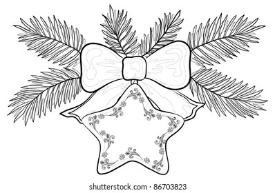 Christmas decoration, contours: star with floral pattern, bow and fir branches. Vector