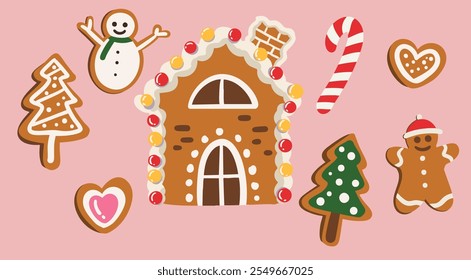 Christmas decoration, Christmas cookies gingerbreads biscuits candy for xmas holiday new year food vector hand drawing