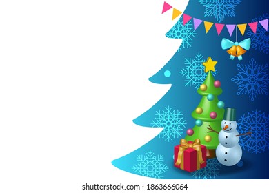Christmas decoration copy space. Background for text with snowman, snowflakes and Christmas tree. 3D rendering.