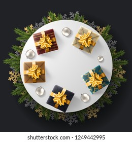 Christmas decoration copy space mock-up for design gift box gold ribbon, twigs christmas tree and gold snowflake on circle platform top view flat lay. Realistic 3d template for Christmas. Vector EPS10