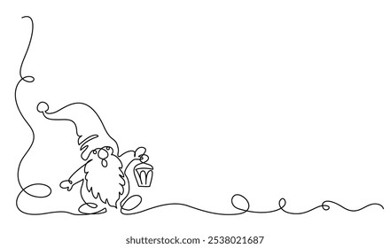 Christmas decoration. Cute Cartoon Gnome dwarf with lantern. Continuous one line drawing isolated on a white background. Vector illustration
