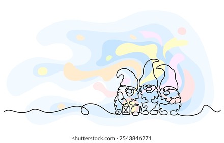 Christmas decoration. Cute cartoon Christmas gnomes. Continuous one line drawing art design outline with color splash. Vector illustration