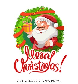 Christmas decoration with cute cartoon santa holding little gift and showing ok sign. Merry christmas original lettering. Vector illustration
