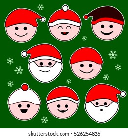 Christmas decoration: cute friendly Santa Claus heads surrounded by snowflakes in front of a green background