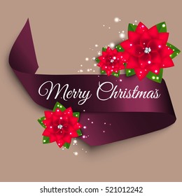 Christmas decoration of dark purple satin ribbon and schristmas flower.