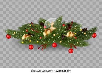 Christmas decoration. Christmas decor elements set for your design. Holiday garland isolated on transparent background. Vector Christmas tree branches, lights and cones.