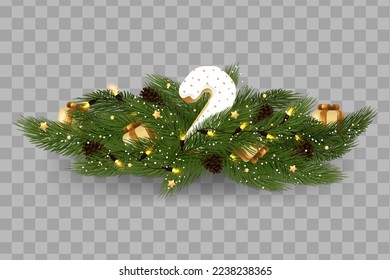 Decoración navideña. Decoración navideña para tu diseño. Marismas de vacaciones aisladas en un fondo transparente. Ramas vectoriales de árbol de Navidad, luces y conos.