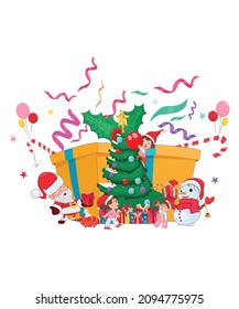 Christmas decoration with decorative items gifts decorated Xmas tree balloons gifts big gift Santa Claus snowman  cute boy girl