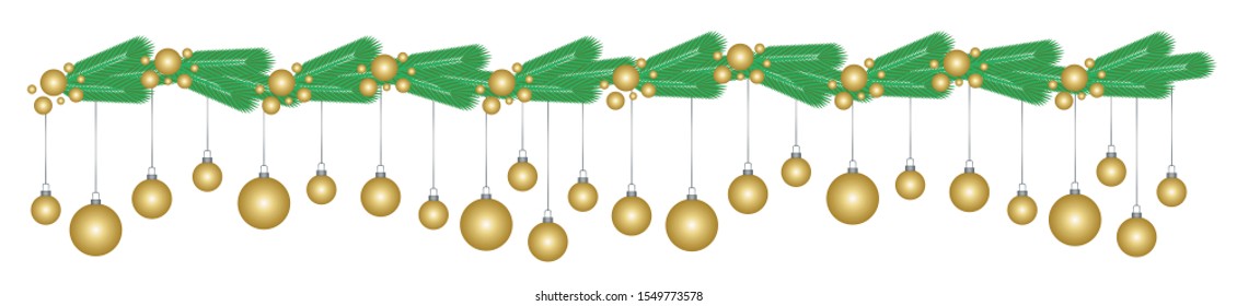 Christmas decoration, decorative strip with balls and branches of a Christmas tree. Christmas balls hanging on a Christmas tree branch. Vector illustration isolated on the white background.