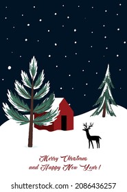 Christmas decoration with a deer and forest. Vector illustration