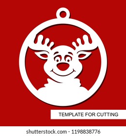 Christmas decoration - deer head. Reindeer silhouette in a ball. Template for laser cutting, wood carving, paper cut and printing. New Year theme. Vector illustration.