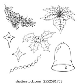 Elementos de diseño de la decoración de la Navidad aislados en el fondo blanco. Navidades, vacaciones de invierno, concepto de año nuevo. Poinsettia, acebo, campana, rama de abeto, estrellas decorativas. Dibujado a mano. Ilustración vectorial