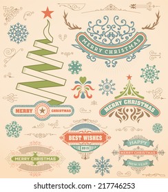Christmas decoration design elements. Merry Christmas and happy holidays wishes. Vintage labels, frames, ornaments and ribbons, set.