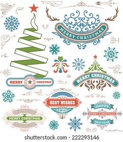 Christmas decoration design elements. Merry Christmas and happy holidays wishes. Vintage labels, frames, ornaments and ribbons, set.