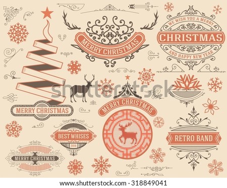 Christmas decoration design elements. Merry Christmas and happy holidays wishes. Vintage labels, frames, ornaments and ribbons.