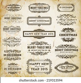 Christmas Decoration Design Elements Set. Typographic Elements, Vintage Labels, Frames and Ribbons. Calligraphic Xmas Holiday Collection.