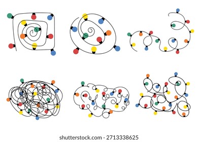 Elementos de diseño de decoración de Navidad. Luces de guirnalda enredadas con bombillas de colores agrupadas en conjunto
