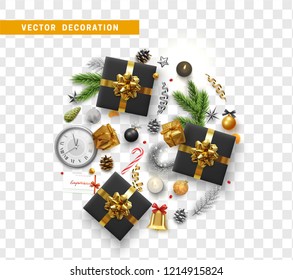 Christmas decoration design with festive objects. Isolated on transparent background