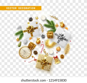 Christmas decoration design with festive objects. Isolated on transparent background