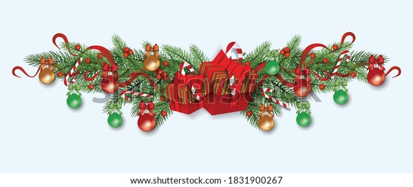 Christmas decoration and divider for winter\
celebration with xmas tree branches and gift, berries and string\
lights, ribbon and balls. Isolated realistic vector illustration of\
christmas border.