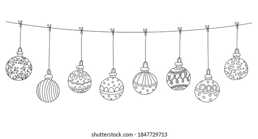 Christmas decoration in doodle sketch style. Cute baubles garland. Hand drawn vector illustration isolated on white. Black outline. New year, winter, home decor. Great for poster design, greeting card