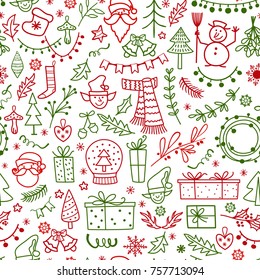 Christmas decoration doodle style pattern. Traditional winter holiday hand drawn icons in red and green colors seamless background.Seasonal greetings vector illustration