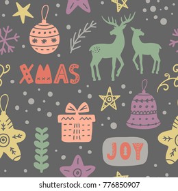 Christmas decoration doodles seamless pattern. Scandinavian style. Congratulation card with Xmas rein deers, wrapping paper background, festive banner, poster design. Vector illustration.