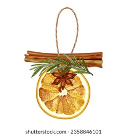 Christmas decoration with dried orange, rosemary, anise and cinnamon. Garland aroma. Cozy decor. Homemade holiday decorations. Vector illustration.