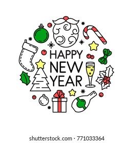 Christmas decoration element with line icons and sign Happy New Year