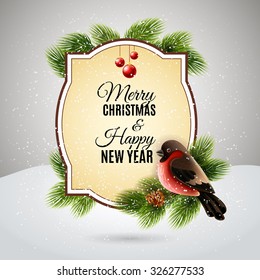 Christmas decoration element for new year greetings postcard with redbreast on pine tree brunch abstract vector illustration
