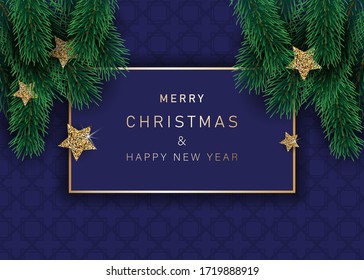 Christmas decoration element. Christmas tree branches background. Green colorful pine pattern. Vector illustration