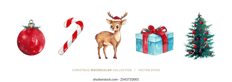 Christmas decoration element watercolor painting design isolated on white background, including reindeer, gift box, ornament ball, pine tree and candy cane  