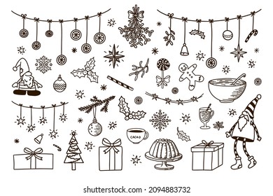 Weihnachtsdekoration Elemente große Set. Doodle-Stil. Neujahr traditionelle Knick-Racks für Grußkartendesign und Dekoration
