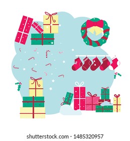 Christmas decoration elements gifts, socks, wreath